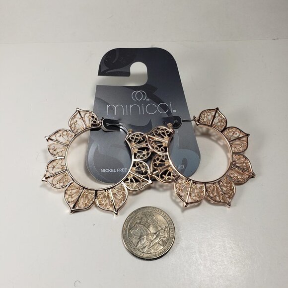 MINICCI Rose Gold tone 2-in Hoop Filigree Design Drop Earrings - Women's Jewelry - Picture 4 of 5